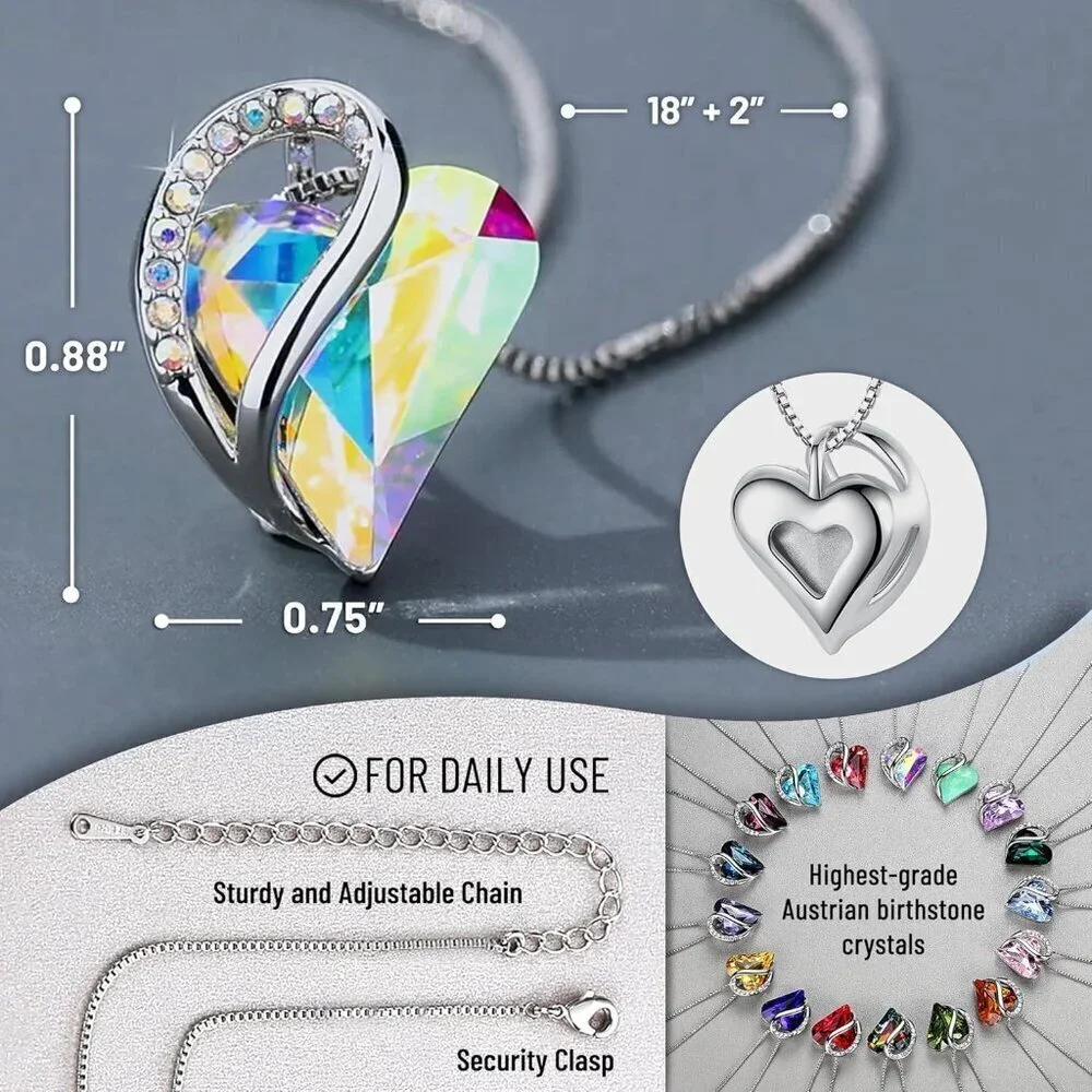 Infinity Love Birthstone Heart Pendant Opal White Necklace Women Mom Wife Silver